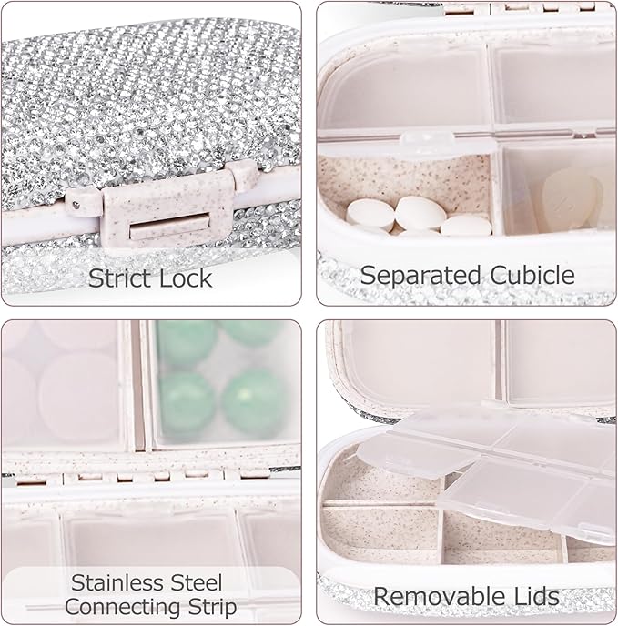1Pack Travel Pill Organizer, 8 Compartments Portable Pill Case, Small Pill Box for Pocket Purse Portable Medicine Vitamin Container (Sparkling Silver)