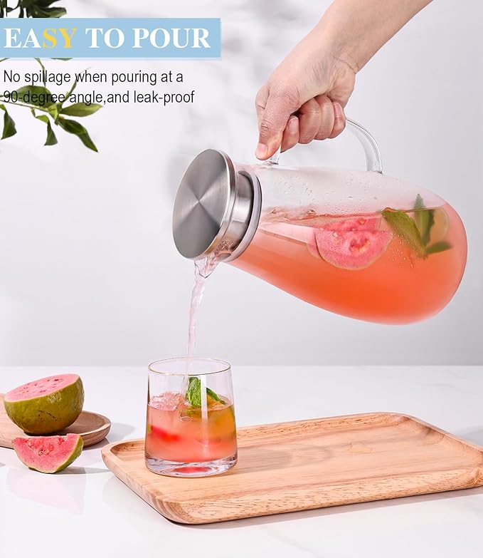 Glass Pitcher, Glass Water Pitcher with Lid and Handle for Fridge, 2 Quart Borosilicate Water Jug for Hot/Cold Drinks, Iced Tea, Juice and Coffee Beverage, Heat Resistant