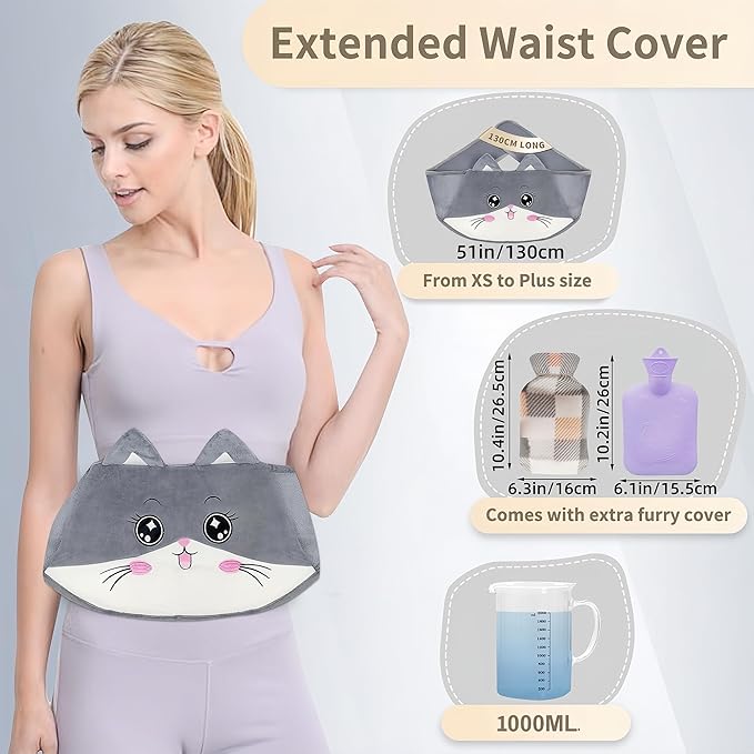 Hot Water Bag, Hot Water Bottle wtih Cover, 1L Rubber Warm Hot Water Bottles Pouch with 130cm Long Soft Waist Cover for Neck, Shoulder, Back, Hand, Legs and Period Pain Relief