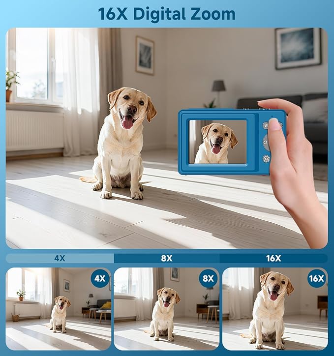 Digital Camera, 56MP Dual Screen Autofocus Vlogging Camera, 16X Zoom Point and Shoot Camera for Photography, Anti-Shake, 32GB Card, Compact Camera for Teens Adults,Blue