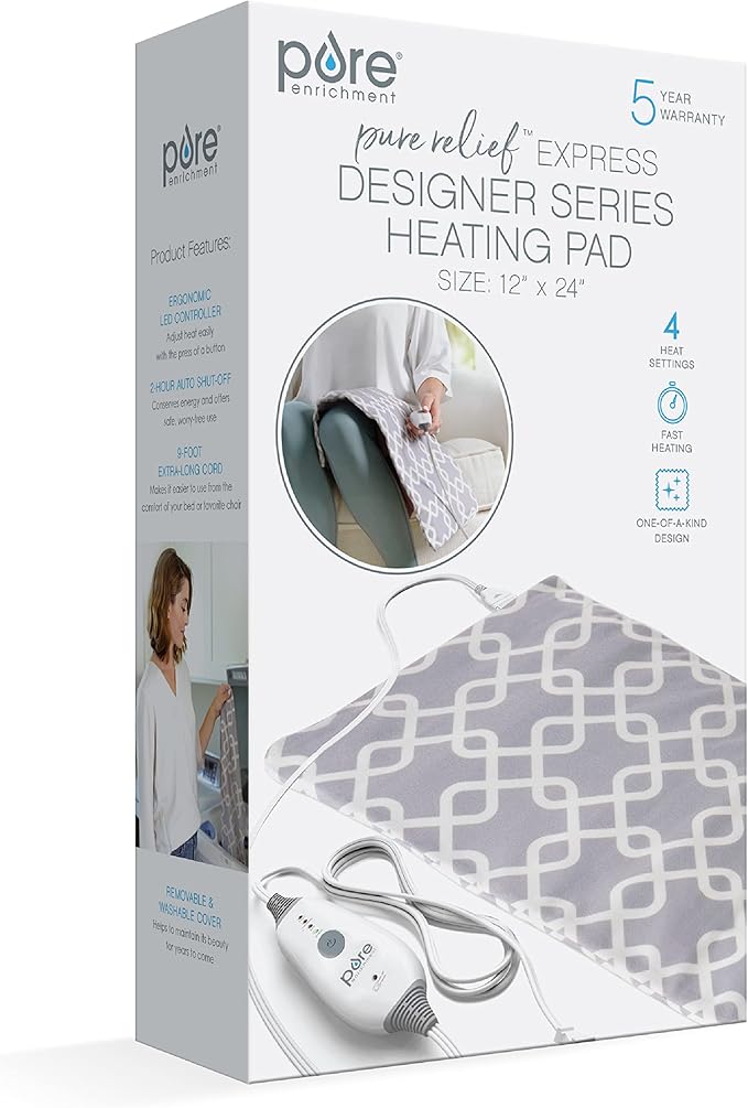 Pure Enrichment PurePureRelief Express Designer Series Electric Heating Pad - 12” x 24” Fast-Heating with 4 Heat Settings, Machine-Washable Fabric, & 2-Hour Auto Safety Shut-Off - Gray Trellis