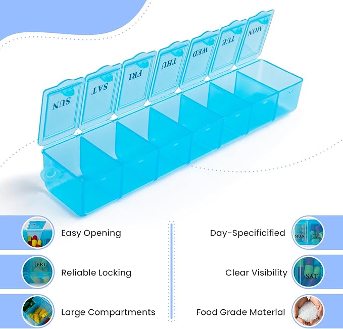 2 Pack Pill Box Weekly Pill Organizer Blue - Daily Pill Organizer, 7 Days One-Time-A-Day, Easy to Open Lids, Pop Up Compartments, Portable for Travels - Safe Material by December Springs