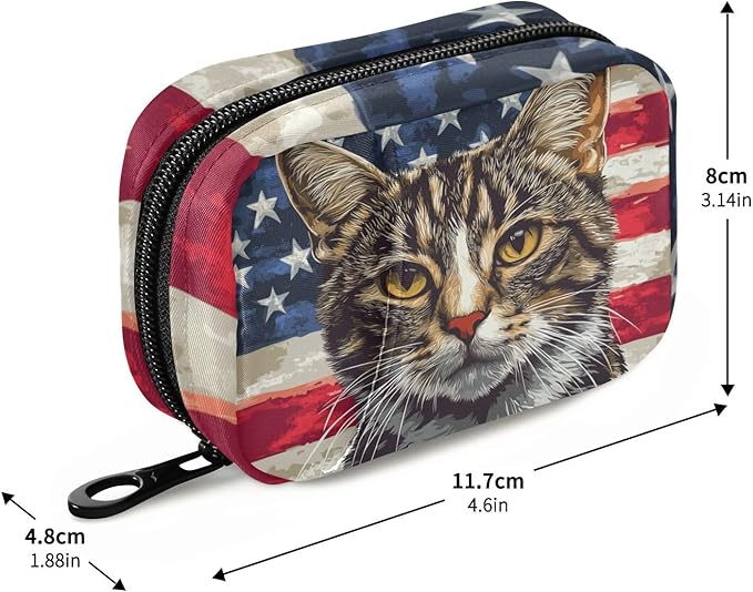American Flag Cat Travel Medicine Organizer Bag Compact Pill Case with Inner Compartments & Secure Zipper for Women Men Seniors