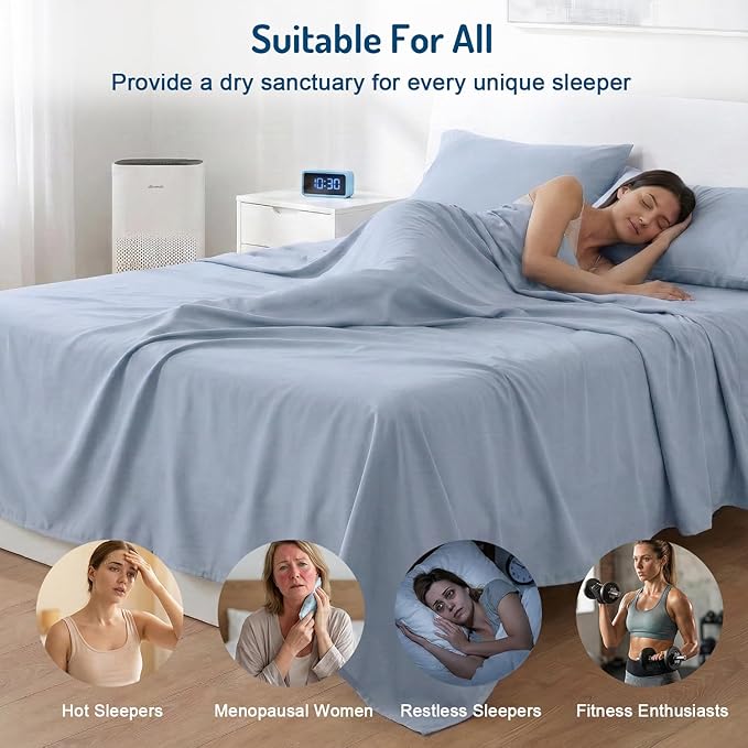 Degrees of Comfort Coolmax® Cooling Bed Sheets Queen Size for Hot Sleepers, Moisture Wicking Sheet Set for Night Sweats, Deep Pocket, Ultra Soft, Cozy for All Seasons, Light Blue 4 Pieces