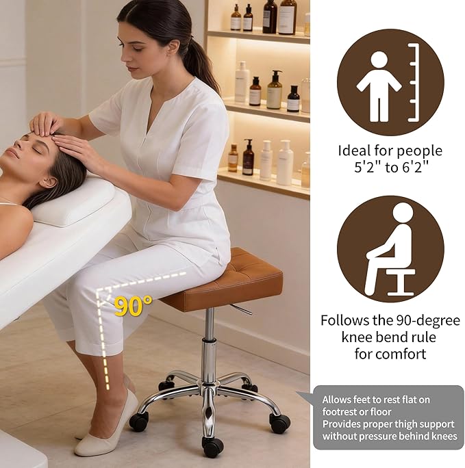Rolling Stool Adjustable Height (300lbs Capacity) (Sturdy Base) Multifunctional Nail Tattoo Vanity Massage Stool (Camel Brown)