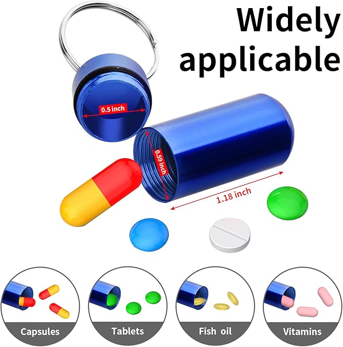 Small Portable Pill Case with Keychain(7 Pack), Waterproof Aluminum Pill Organizer Metal Mini Box Pocket Drug Storage Container Trip Plastic Storage Box