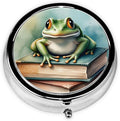 Metal Pill Organizer - 3-Compartment Mini Round Pill Case for Pocket & Purse, Portable Vitamin Holder, Easy-Open Design for Travel - Book and Frog