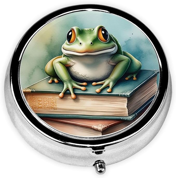 Metal Pill Organizer - 3-Compartment Mini Round Pill Case for Pocket & Purse, Portable Vitamin Holder, Easy-Open Design for Travel - Book and Frog
