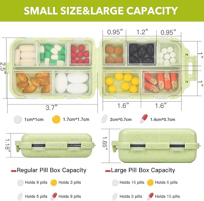 Large Travel Pill Organizer with Medicine Labels, 10 Compartments Travel Medicine Organizer Daily Pill Container Travel Pill Box Purse Pill Case (Yellow, 189 Lables)