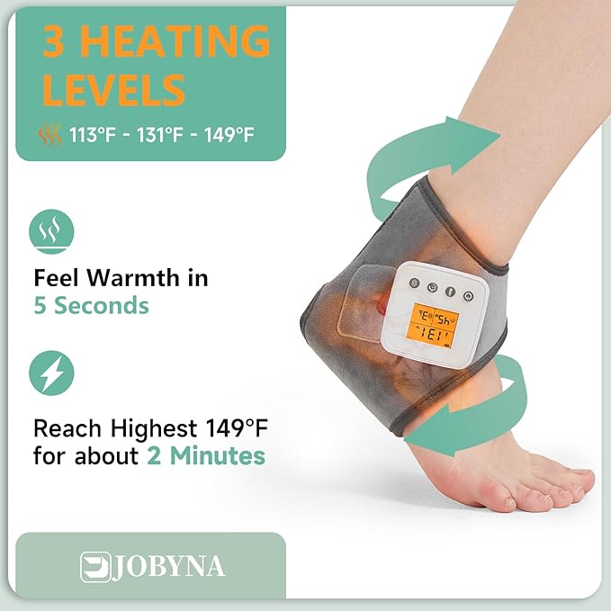 Rechargeable Cordless Ankle Massager with Heat, Heated Foot Massager for Plantar Fasciitis & Achilles Tendinitis Pain Relief, 3 Vibration & Heat Modes, Auto Shut-Off