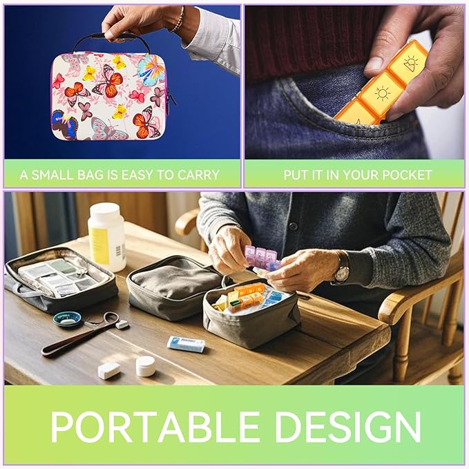 31-Day Monthly Pill Organizer with 3 Daily Compartments, Travel Medication Box with Pill Cutter, AM PM Storage Case (Butterfly 31-Day Medicine Storage Box)