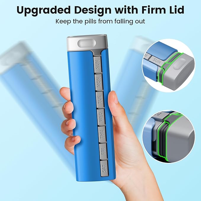 Daviky Metal Travel Pill Organizer, Premium Aluminum Pill Box 7 Day, Weekly Daily Pill Case, Stylish&Cute Pill Holder for Medicines, Supplements and Vitamins (Blue+Gray)