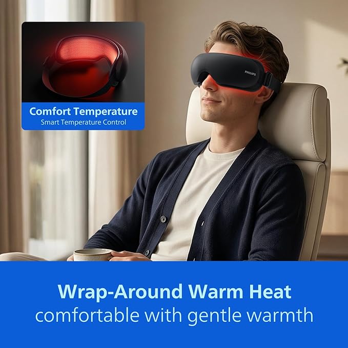 Philips Eye Massager with Heat, Eye Mask for Migraines with Music, Warm Compress Therapy for Dry Eyes, Eye Strain, 5 Modes & 180° Folding Design, Rechargeable 1200mAh Battery, Gifts for Women Mom