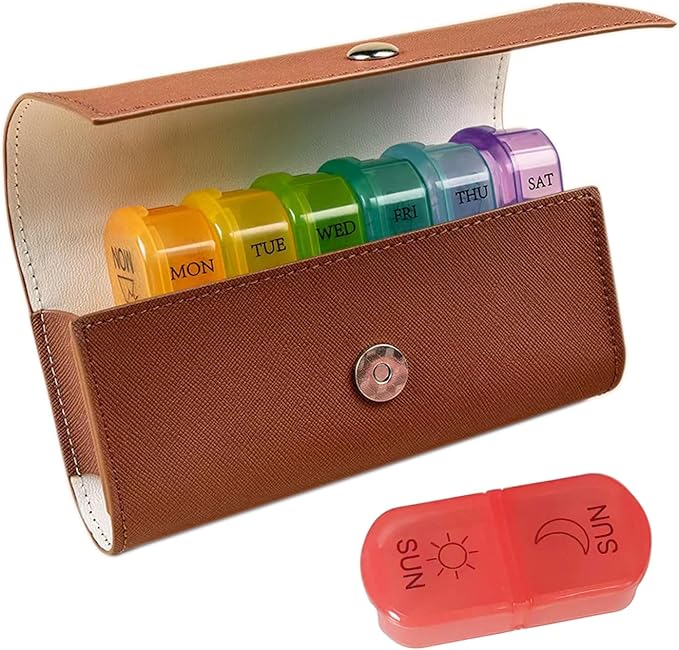 Weekly 2 Times A Day Pill Organizer for Travel 7 Day Am and Pm Portable Pill Box with Delicate Storage Bag for Pills,Vitamins,Fish Oils, Rainbow Compartments, Portable Travel Medication Container