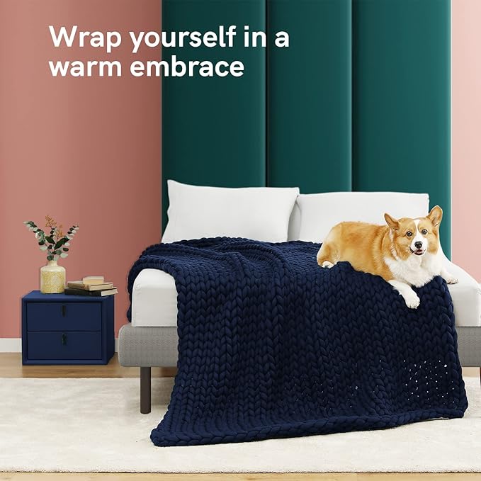 YnM Weighted Blanket, Handmade Chunky Knitted Design, Soft and Cozy, Temperature Regulating and Breathable, Machine Washable Throw for Sleep or Home Decor (Prussian Blue, 80x87 Inch, 25lbs)