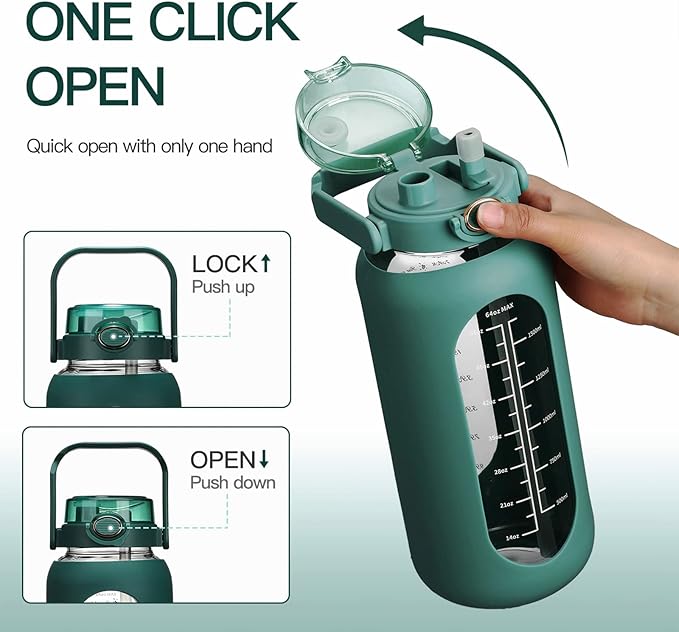 64oz Glass Water Bolttles with Straw Half Gallon Large Motivational Water Bottle with Time Marker Sports Water Bottles with Silicone Sleeve and Handle Lid Water Jug for Gym Workout