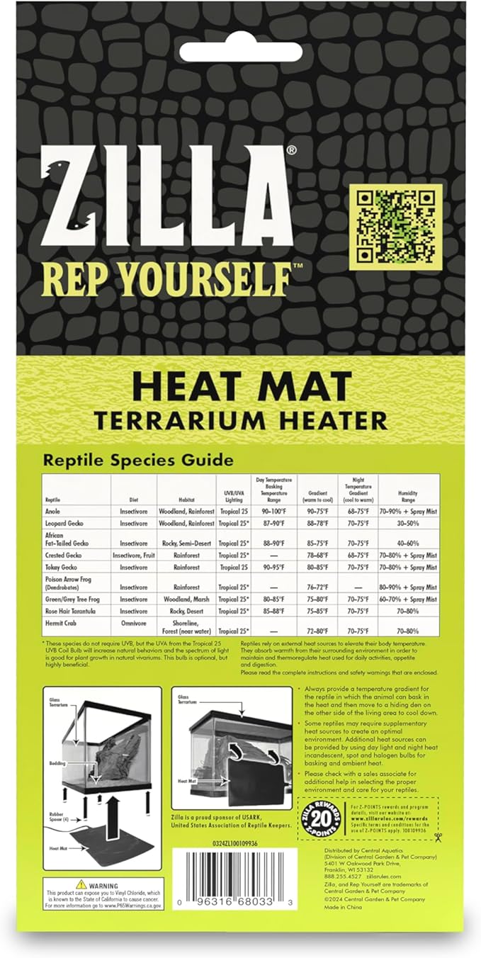 Zilla Heat Mat, Terrarium Heater for Reptiles, Snakes (Ball Pythons, Corn Snakes), Leopard Geckos, Tortoises, Amphibians and Arachnids, Mini, Fits 1-5 Gallon, 4 Watt