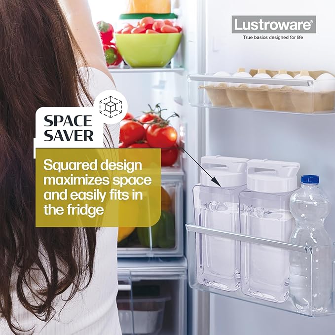 Lustroware SlideServe Slim Airtight Pitcher - 2.1L (70oz), Heat Resistant, BPA-Free SAN Plastic, Space-Saving, Made in Japan - White
