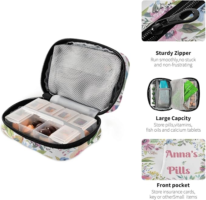 Custom Pill Box 7 Day Pill Case Bag Watercolor Flower Personalized Name Travel Pill Organizer Bag with Zipper Portable Weekly Case Compact Size for Vitamin Supplement Holder