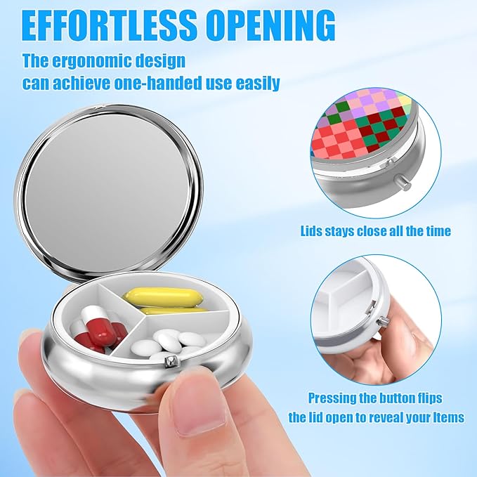 Colorful Checkered Pill Case, Pill Box 3 Compartments Metal Small Pill Holder with Mirror Mini Travel Pill Container for Purse Pocket Women Men
