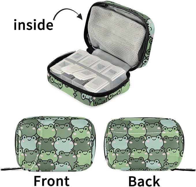 Fustylead Cute Cartoon Happy Frog Pill Organizer Case with Zipper 2 Times A Day for Vitamin and Supplement, 7 Day Travel Organizer Medicine Case