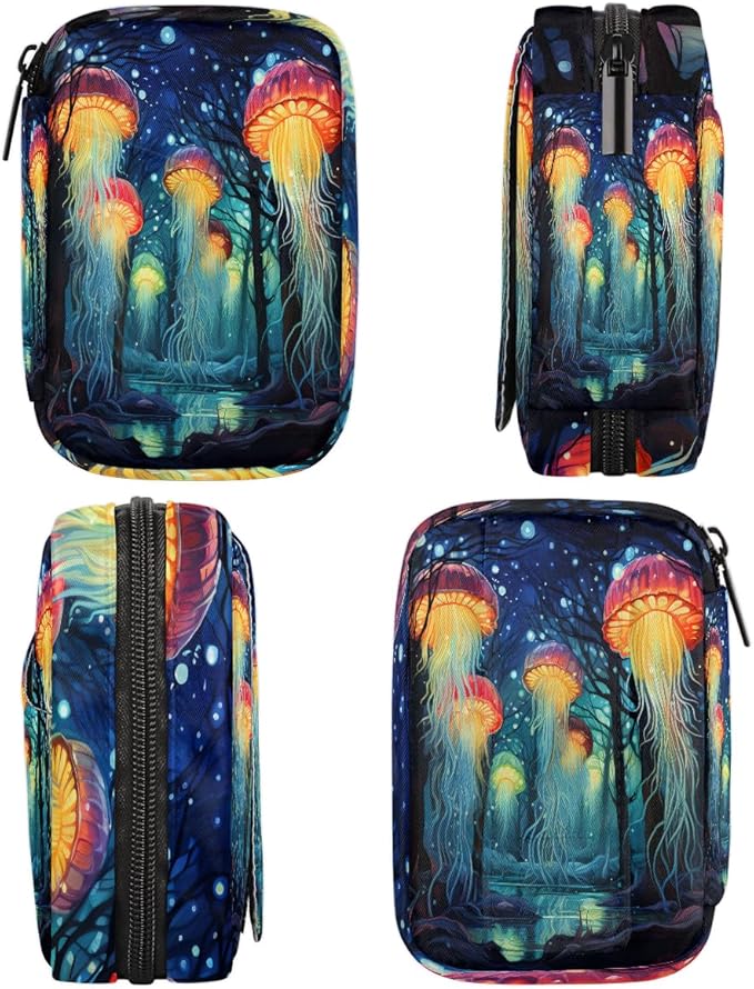 Abstract Tree Forest Jellyfish Travel Pill Organizer Box Weekly Portable Pill Case Daily Pills 7 Day Small Birth Control Pills Container Removable Compartments for Medicine Vitamins Fish Oil