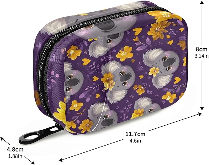 Purple Koala Heads and Flowers Travel Pill Organizer Case Box Container Weekly Portable Vitamin Medicine Holder Storage Bag with Zipper Removable