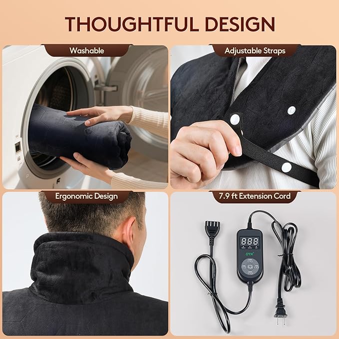 Far Infrared Heating Pad for Neck and Shoulders and Back - 6X Deeper Pain Relief, Graphene 30s Fast Heat, 8 Heat Setting, 16 Timer, Automatic Memory, Weighted Heating Pads Gift for Women&Men (Black)