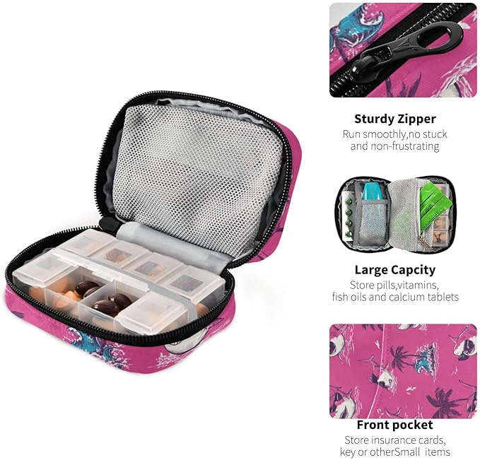 Pink Island Sharks Palm Trees Waves Travel Pill Organizer Case Box Container Weekly Portable Vitamin Medicine Holder Storage Bag with Zipper Removable