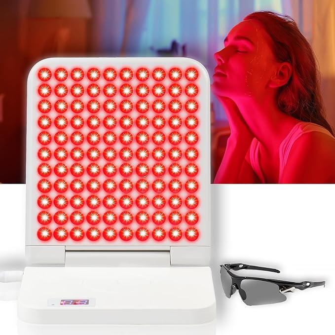 Red Light Therapy Lamp, 110 Tri-Chip LEDs, Foldable Portable Table Lamp, 660nm Red & 850nm Near Infrared (NIR), Timer, 110-240V, Face & Body