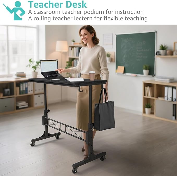 Small Portable Rolling Standing Desk - 32 Inch Adjustable Height Mobile Teacher Podium on Wheels for Classroom, Stand Up Desks for Treadmill Walking Pad, Couch Sofa Side Laptop Table, Black
