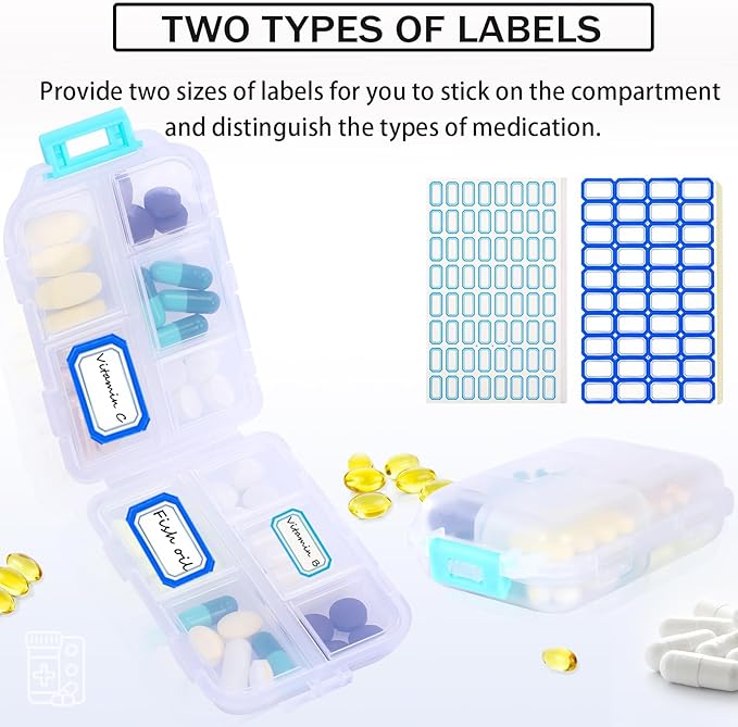 Travel Pill Organizer Portable Pocket Pill Case Small Pill Box for Purse Medicine Organizer Have 10 Compartments Storage Vitamin Fish Oil by INVODA (1PCS White+Lables)