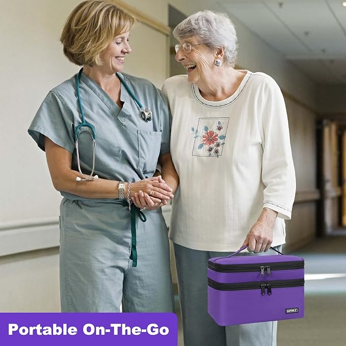 Medicine Storage Bag,Double Layers Pill Bottle Organizer Bag Empty with Lockable Zipper&Adjustable Divider,Medication Travel Carrying Bag for Pills,Vitamins,Medical Supplies,Purple
