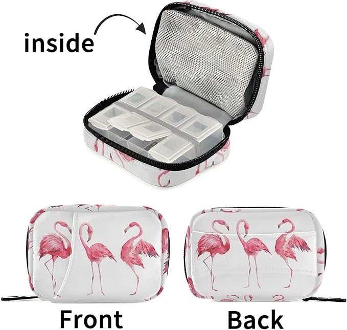 Watercolor Flamingos Pill Box 7 Day Pill Case Travel Pill Organizer Bag with Zipper Portable Weekly Case Compact Size for Vitamin Supplement Holder