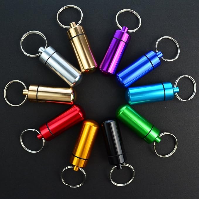 10 Pcs Portable Pill Case, Bantoye Waterproof Aluminum Holders Storage Container with Keychain for Outdoor Camping Traveling, Multicolor