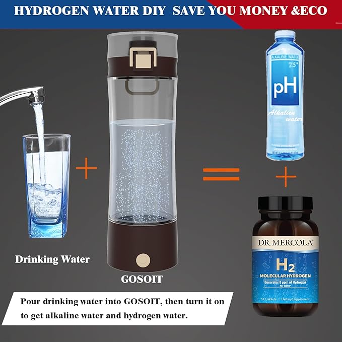 Hydrogen Water Bottle Pitcher Hydrogen Alkaline Water Generator Ionizer Hydrogen Rich Water Maker Machine Rechargeable and Portable with SPE and PEM Technology(Black Brown)
