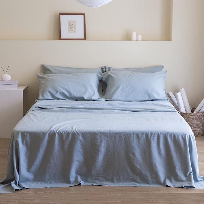 Simple&Opulence Belgian Linen Sheet Set Solid Color - 6 Pieces (1 Flat Sheet & 1 Fitted Sheet & 4 Pillowcases) 16" Deep Pocket Natural Flax Cotton Blended Soft Bedding - Dusty Blue, King Size