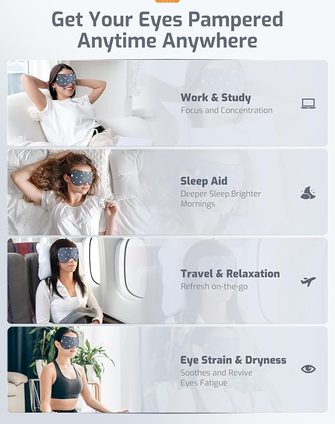 Heated Eye Mask-Cordless Warm Eye Compress Heated Eye Mask for Dry Eyes, Blepharitis,Light Blocking Heat Eye Mask for Men Women, Electric Warm Eye Mask for Airplane Sleeping for Travel (Gray Star)