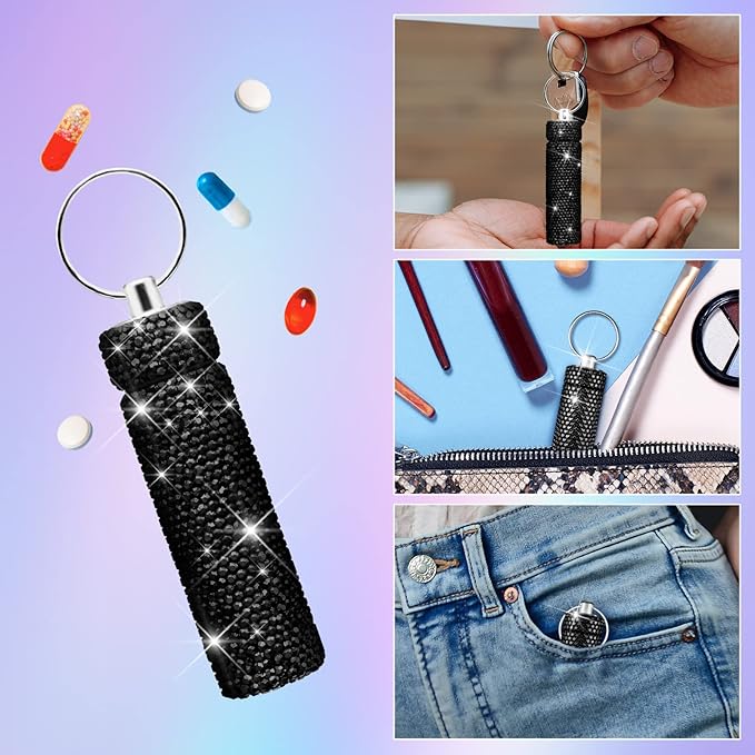Yuchew Bling Pill Case Pill Container Rhinestone Pill Box Portable Waterproof Pocket Pill Holder Bottle Storage with Keychain for Travel, Outdoor, Camping (Black)