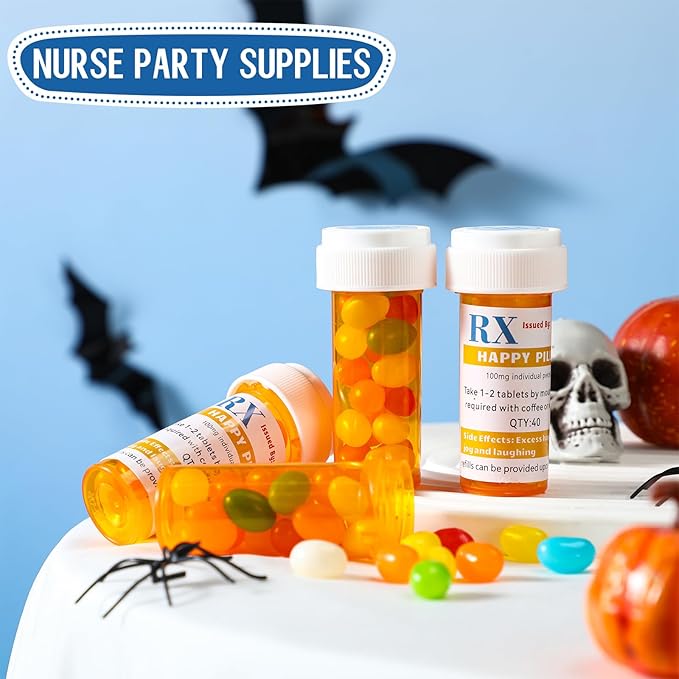 50 Set Nursing Halloween Party Supplies 50 Empty Pill Bottles with Caps Plastic Medicine Containers with 50 Sticky Label Pill Vial for Nurse Party Favors Serve (8 Dram)