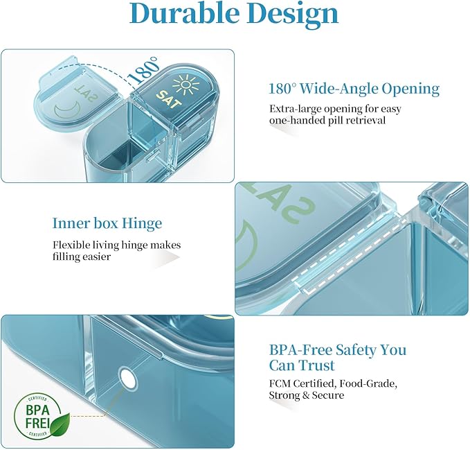 Betife AM PM Pill Organizer 7 Day, Weekly Pill Organizer 2 Times a Day, Daily Pill Box AM PM, Portable Travel Medicine Case, Day Night Pill Container for Medication, Vitamin or Supplement（Ocean Blue）