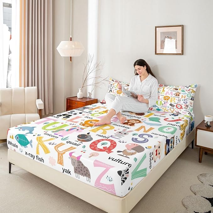 ABC Alphabet Bedding Set Queen Size for Boys Girls, Cartoon Animal Bed Sheet Set Cute Educational Learning Tool Fitted Sheet Learning Educational Bed Cover (2 Pillow Cases and a Fitted Sheet)