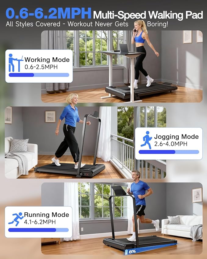 2 in 1 Walking Pad with Handle Bars, 8% Incline Foldable Treadmills for Home Office Ultra Quiet <40dB, 3.5 HP Portable Walking Jogging Running Machine with LED Display & Remote, 320+LB Capacity