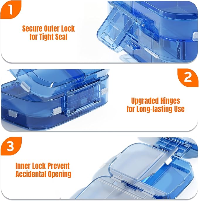 Foldable Travel Pill Organizer 3 Layers Large Capacity, Portable Pill Box Case with 9 Compartments for Medication Vitamins Supplements (Blue)