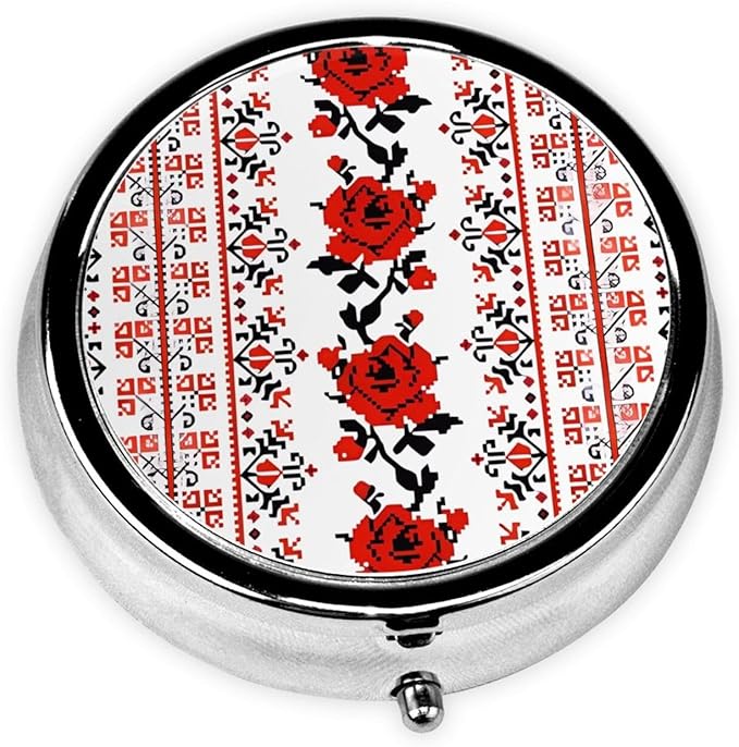 Ukrainian Embroidery Style Rose Printed Round Travel Pill Box Cute Small Metal Pocket Pill Case for Men & Women 3 Compartment Portable Pill Organizer for Purse or Pocket