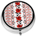 Ukrainian Embroidery Style Rose Printed Round Travel Pill Box Cute Small Metal Pocket Pill Case for Men & Women 3 Compartment Portable Pill Organizer for Purse or Pocket