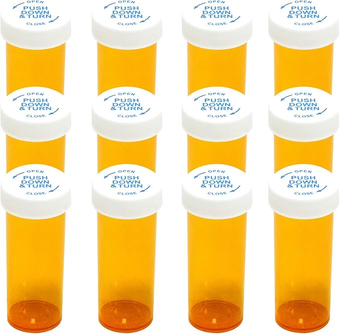Pill Bottles with Child Resistant Cap, Prescription Vials - Push Down and Turn - Empty Medicine Plastic Containers Safety Cover for Personal Medication & Pharmacy (16dram, Amber, 12pcs)