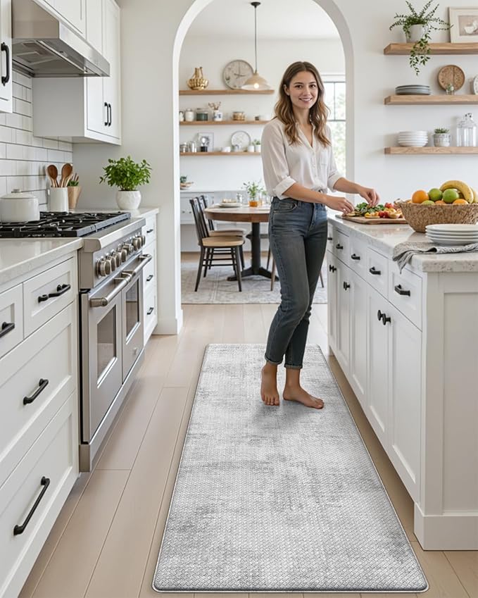 DEXI Kitchen Mats Cushioned Anti Fatigue, 23x86 Floor Padded Runner Rug Non Slip, Waterproof Standing Comfort Memory Foam for Front Sink Laundry, Light Grey