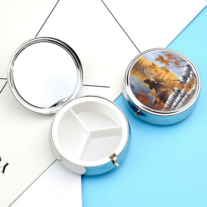 Fall Birch Leaves Elk Pill Box 3 Compartment Small Pill Case Portable Pill Box for Pocket Or Purse Round Metal Pill Box Cute Medicine Organizer Holder to Hold Vitamins Medication