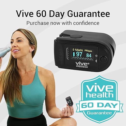 Vive Precision Pulse Oximeter - Oxygen Monitor Fingertip, Heart Rate Medical Grade Sensor LED Display - Accurate Finger Meter for Saturation SpO2, Lanyard & Batteries Included